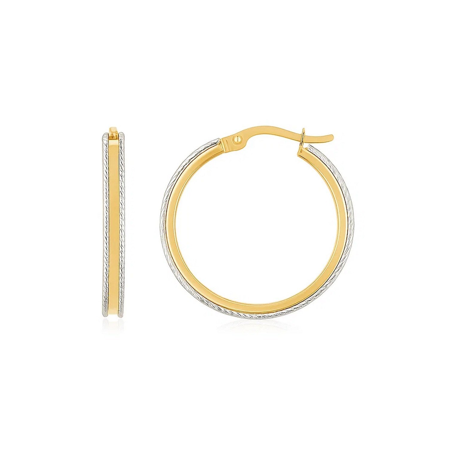 14K Two Tone Gold Diamond Cut Round Hoop Earrings in a sleek high-contrast midnight luxury editorial style
